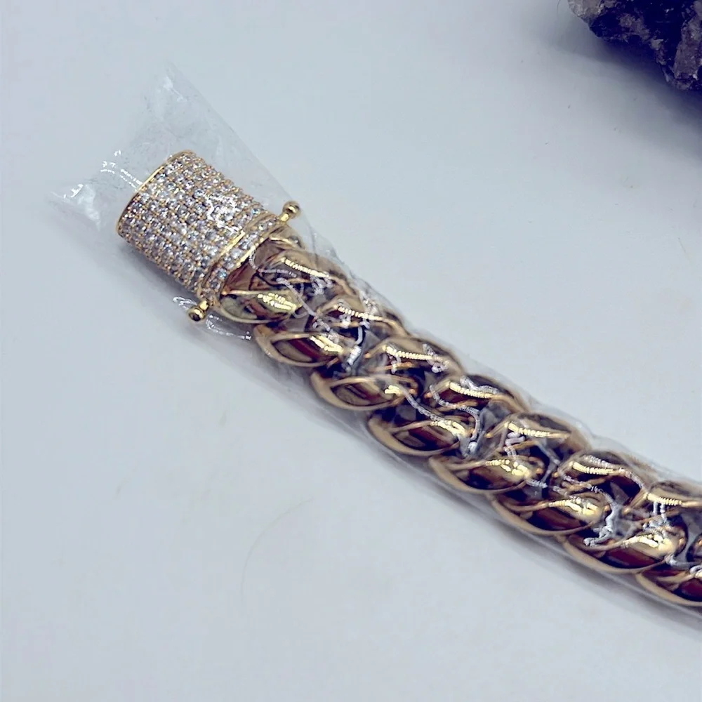 Hip Hop Cuban Chain Ice Clasp 18K Gold Plated Stainless Steel Chain Bracelet